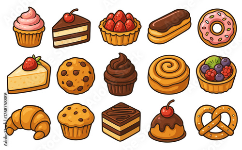 Selection of various baked goods and pastries including cakes, muffins, and donuts