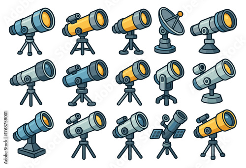 Collection of telescopes and satellite dishes on tripods in various designs