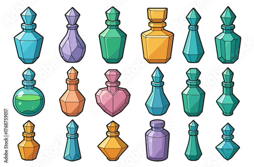 Colorful assortment of decorative glass perfume bottles with geometric designs