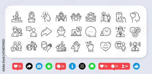 Dont touch, Scroll down and Blood line icons pack. Social media: share, comment, like icons. Ranking, Business podium, Users chat web icon. Like, Online tax, Touchscreen gesture pictogram. Vector