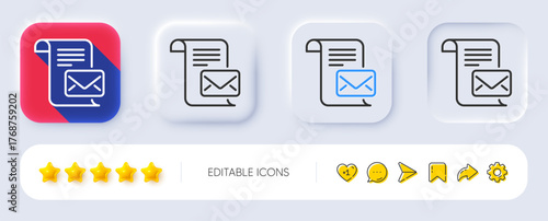 Mail letter line icon. Neumorphic, Flat shadow, 3d buttons. Read Message correspondence sign. E-mail symbol. Line mail letter icon. Social media icons. Vector