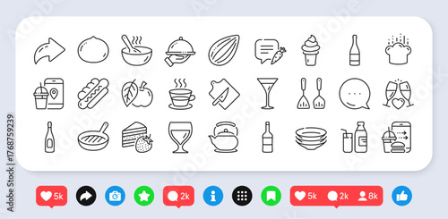 Dishes, Cooking hat and Coffee cup line icons pack. Social media: share, comment, like icons. Wine, Champagne bottle, Wine glass web icon. Almond nut, Restaurant food, Milk pictogram. Vector