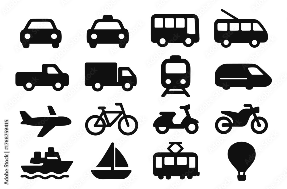 Obraz premium Icon set of various transportation modes: car, bike, train, plane, ship, balloon