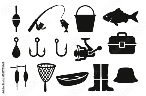 Fishing equipment silhouettes: rods, hooks, fish, tackle box, and more