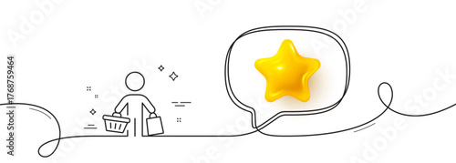 Buyer with shopping cart line icon. Continuous line with 3d star. Customer with bags sign. Supermarket client symbol. 3d star in speech bubble. Buyer single line ribbon. Loop curve pattern. Vector