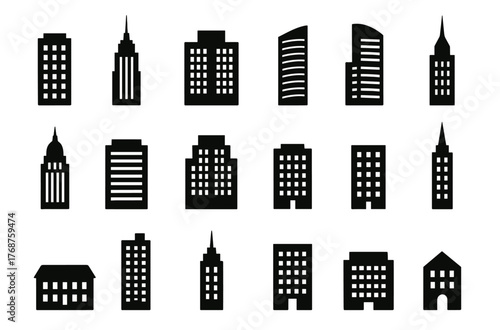 Collection of various black building silhouettes in urban cityscape