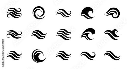 A collection of elegant black wave symbols and swirl designs representing wind or water motion