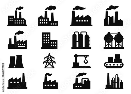 Industrial icon set: factories, chimneys, power plants, and machinery silhouettes