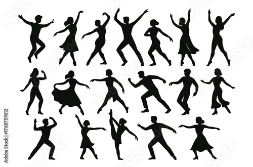 Silhouette dance poses: diverse styles and movements of male and female dancers