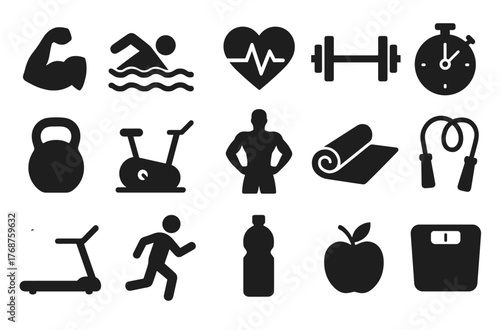 Fitness icons: strength, cardio, heart health, and wellness symbols