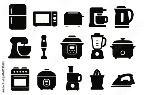 Silhouette icons of kitchen appliances: refrigerator, microwave, toaster, and more