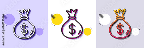 Money bag line icon. Halftone dotted pattern. Gradient icon with grain shadow. Cash Banking currency sign. Dollar or USD symbol. Line money bag icon. Various designs. Vector