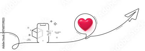 Augmented reality phone line icon. Continuous line with share plane. VR simulation sign. 3d cube symbol. 3d heart in speech bubble. Augmented reality single line ribbon. Loop curve pattern. Vector