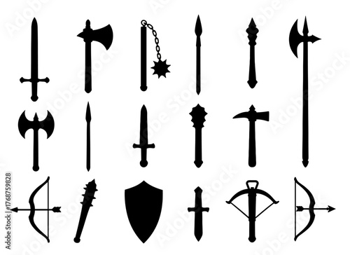 Silhouette collection of medieval weapons including swords, axes, and spears
