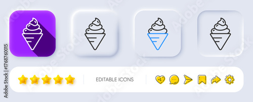 Ice cream line icon. Neumorphic, Flat shadow, 3d buttons. Dessert food sign. Frozen gelato symbol. Line ice cream icon. Social media icons. Vector