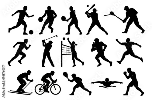 Silhouettes of diverse sports activities featuring male and female athletes