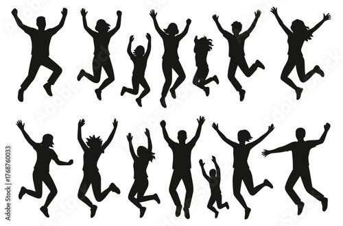 Silhouettes of diverse people jumping energetically with joy and excitement in various poses