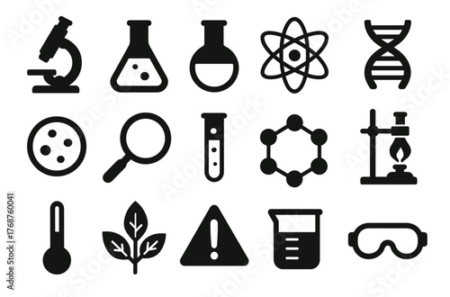 Scientific icons collection: lab equipment and symbols for research and experiments