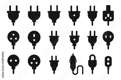 Variety of electrical plug types and socket outlines on white background