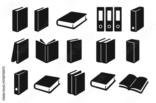 Collection of various black silhouette books and binders