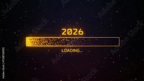 2026 graphic with dark, shifting background showcases large, golden 2026 bar, flanked by LOADING in orange, amid confetti dots, evoking anticipation and excitement., Future, Innovation, Countdown