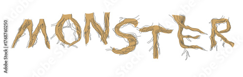 Font composition of letters from the roots of forest trees. Words for the autumn holiday Halloween. Autumn mood of a leafless forest.