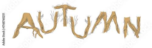 Font composition of letters from the roots of forest trees. Words for the autumn holiday Halloween. Autumn mood of a leafless forest.