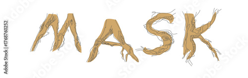 Font composition of letters from the roots of forest trees. Words for the autumn holiday Halloween. Autumn mood of a leafless forest.