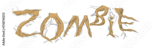 Font composition of letters from the roots of forest trees. Words for the autumn holiday Halloween. Autumn mood of a leafless forest.