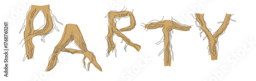 Font composition of letters from the roots of forest trees. Words for the autumn holiday Halloween. Autumn mood of a leafless forest.