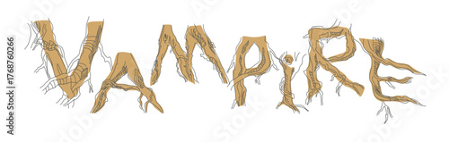 Font composition of letters from the roots of forest trees. Words for the autumn holiday Halloween. Autumn mood of a leafless forest.