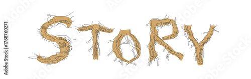 Font composition of letters from the roots of forest trees. Words for the autumn holiday Halloween. Autumn mood of a leafless forest.