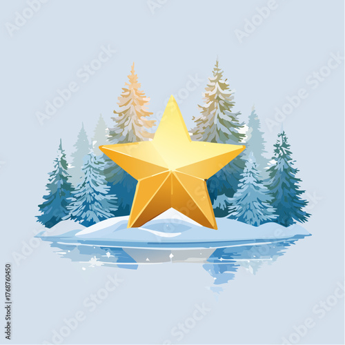 A glittering Christmas star shining brightly over a frozen lake surrounded by snowy fir trees.
