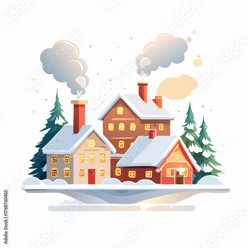 A snowy village scene with chimneys puffing smoke, tiny houses glowing warmly, and snow-covered roofs.