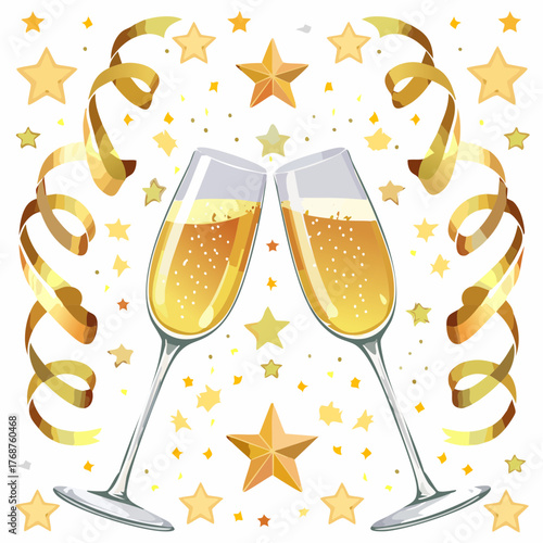A seamless illustration of champagne glasses clinking surrounded by glowing stars and confetti ribbons.