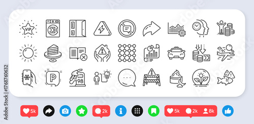Report document, Air conditioning and Incubator line icons pack. Social media: share, comment, like icons. Vip star, Launder money, Sun energy web icon. Deflation, Density, Cake pictogram. Vector