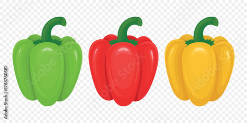 Flat Cartoon Vector Bell Peppers Set. Red, Yellow, Green Sweet Peppers Illustration. Fresh Vegetables for Food Market, Healthy Cooking, Vegetarian Recipe Design, Farm Organic Product Icon