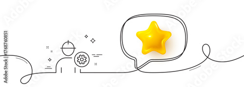 Worker line icon. Continuous line with 3d star. Engineer Profile with cogwheel sign. Male Person silhouette symbol. 3d star in speech bubble. Engineer single line ribbon. Loop curve pattern. Vector