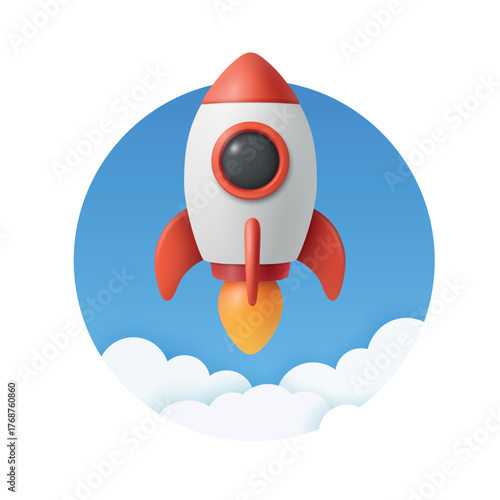 Vector 3d Rocket Launch Icon. Rocket Startup Badge in Blue Circle. Rocket Ship with Flame and Clouds for Startup, Product Launch, Space, Mission, Web and Mobile Design