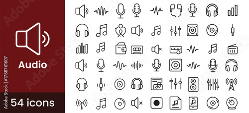 Audio and sound icon set with music, speaker, and microphone symbols, illustrating volume, wave, and recording for multimedia.

