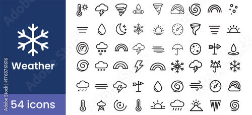 Weather forecast icon set illustrating sun, cloud, rain, snow, wind, storm, and temperature symbols for climate and meteorology reports.

