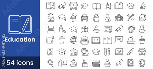 Education icon set for school and university, covering learning, study, student graduation, with book, science, and knowledge symbols.

