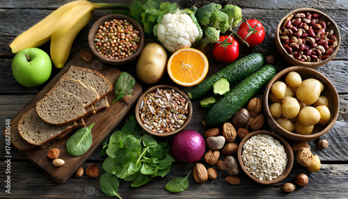 Healthy food. Selection of good carbohydrate sources, high fiber rich food. Low glycemic index diet. Fresh vegetables, fruits, cereals, legumes, nuts, greens
