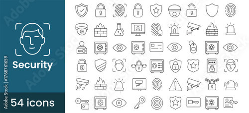 Security and cyber protection icon set, featuring data privacy, safety system, lock, and camera symbols for digital and physical safety.

