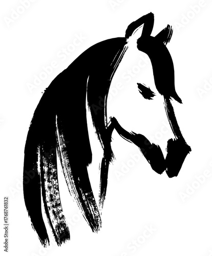 Print Abstract ILLUSTRATION with a horse drawn in the style of Chinese calligraphy. vector illustration