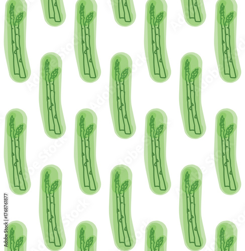 Seamless asparagus pattern with green line drawings in rounded rectangles for food-themed design