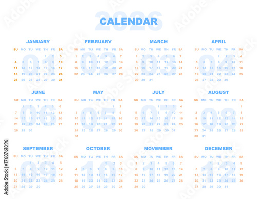 2026 Calendar English Horizontal Page Template Letter Format light blue design. Monthly layout week start on Sunday. 