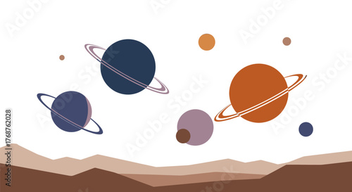 Stylized planetary system view with celestial orbs and terrestrial horizon illustration