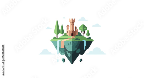 Whimsical Floating Island Castle Landscape with Lush Greenery and Cascading Waterfalls creating a