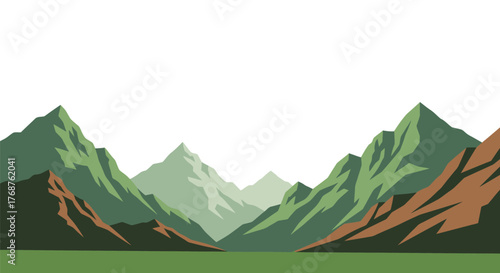 Minimalist mountain landscape illustration with layered peaks and lush valley scenery